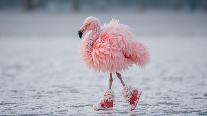 Pink flamingo in snow
