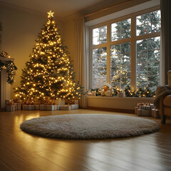 Christmas tree lights illuminate a cozy living room with presents and a fireplace.