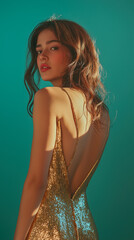 A stunning model showcases a golden sequined dress, exuding elegance and confidence against a vibrant turquoise backdrop. Perfect for fashion inspiration and styling ideas.