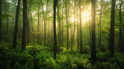 **: A spring forest where the morning sun filters through dense foliage, casting a soft golden glow on the vibrant greenery below.
