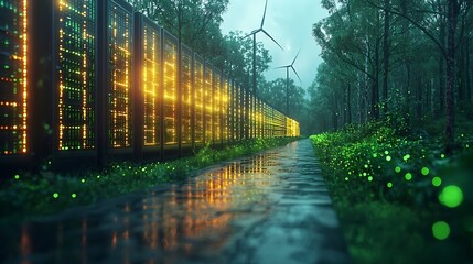 Glowing Green Energy Data Center with Solar Panels and Wind Turbines Showcasing Sustainable Technology