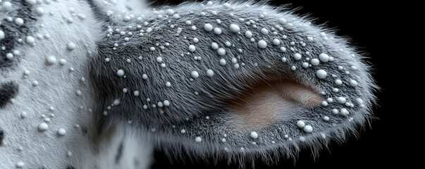 Close-up of a cow's ear with numerous white nodules.