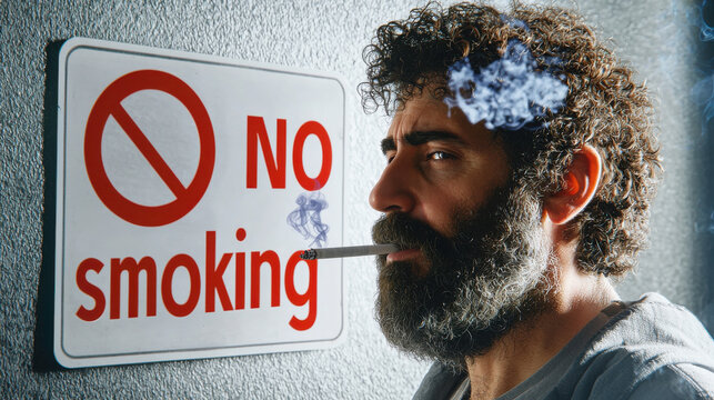 man smokes in front of no smoking sign on wall
