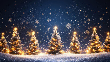 wintery Christmas scene featuring snow covered trees adorned with glowing lights and sparkling snowflakes, creating magical holiday atmosphere