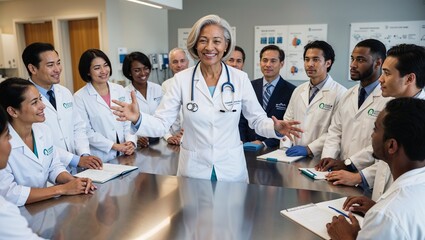 Fototapeta premium Experienced senior female professor of medicine clinical specialist lead multiethnic doctors group training workshop practicum at modern clinic. 