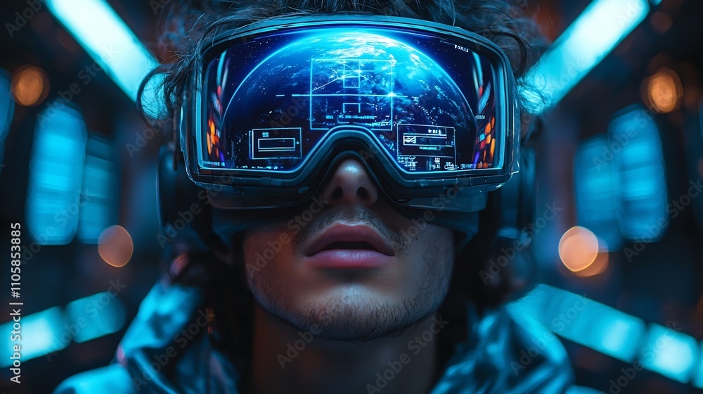 Poster astronaut exploring virtual space station with projected earth in zero gravity