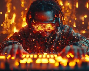 Musician Composing Music in Immersive Digital Space with Glowing Notes and Sound Waves