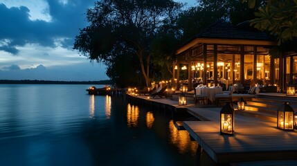 Fototapeta premium A panoramic view of a serene lakeside villa with glowing lanterns and a private dinner setup on the dock for Valentine s Eve.