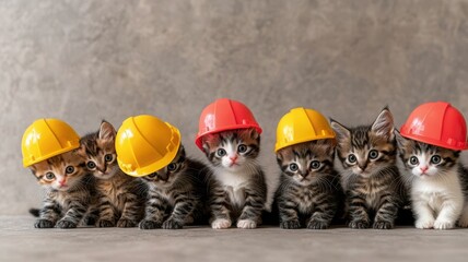 Six cute kittens wearing colorful hard hats sit in a row, showcasing a playful and adorable construction theme.