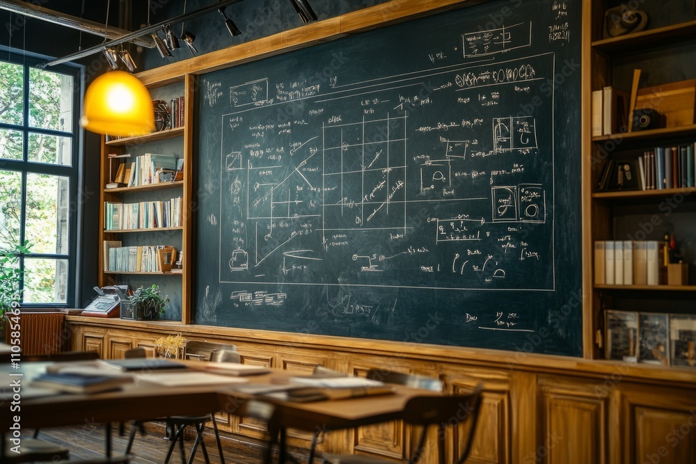 Poster empty classroom with wooden tables and bookshelves, featuring a large chalkboard filled with complex