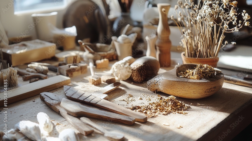 Poster handmade tools in use during creative process at artisan workshop