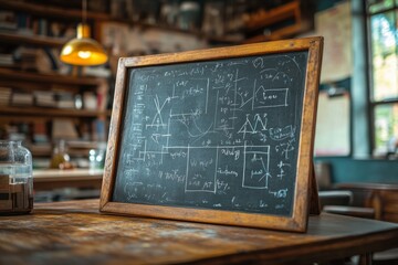 Blackboard displaying complex mathematical formulas and equations, suggesting a learning or academic environment