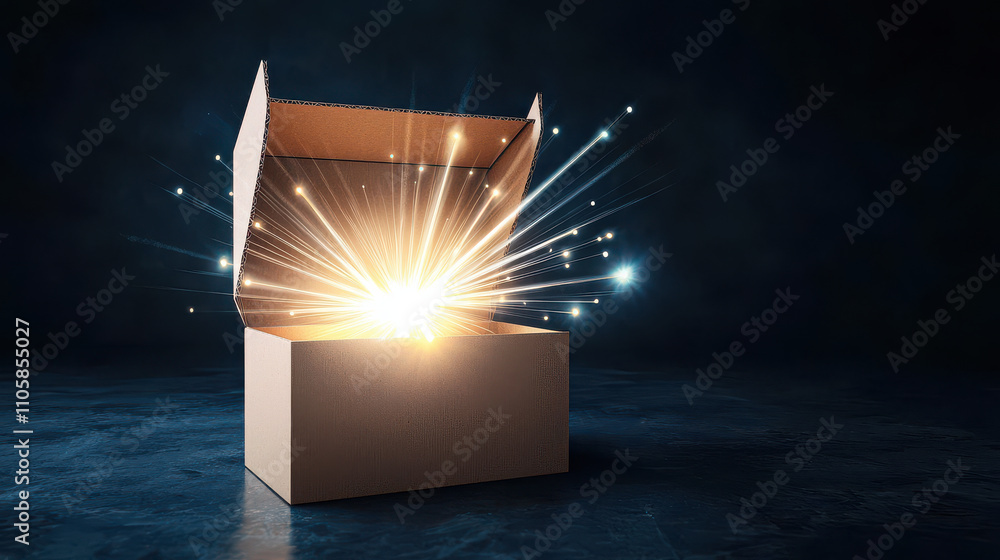 Poster cardboard box with glowing light rays emanating from it