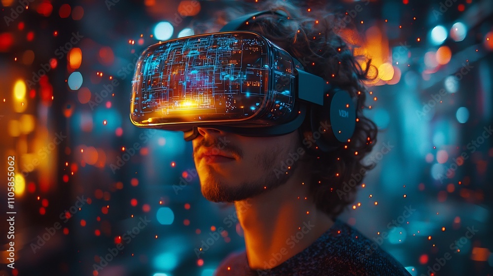 Poster architect navigating virtual building design with vr glasses holographic 3d models and floor plans f
