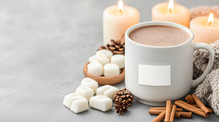 Warm hot chocolate in a ceramic mug, placed on a table with soft candlelight in the background