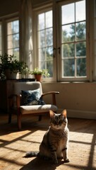 Creative contemplation in a sunlit room with a cute pet.