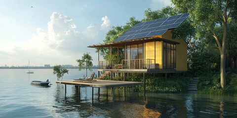 Obraz premium dark yellow and ivory luxury coastal stilt house with small pier and modern solar panel technology and cozy elegant balcony 