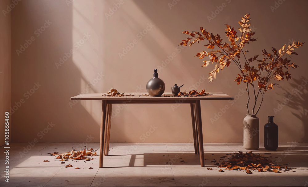 Poster table with a vase and a vase of leaves on it. the table is in a room with a tan wall