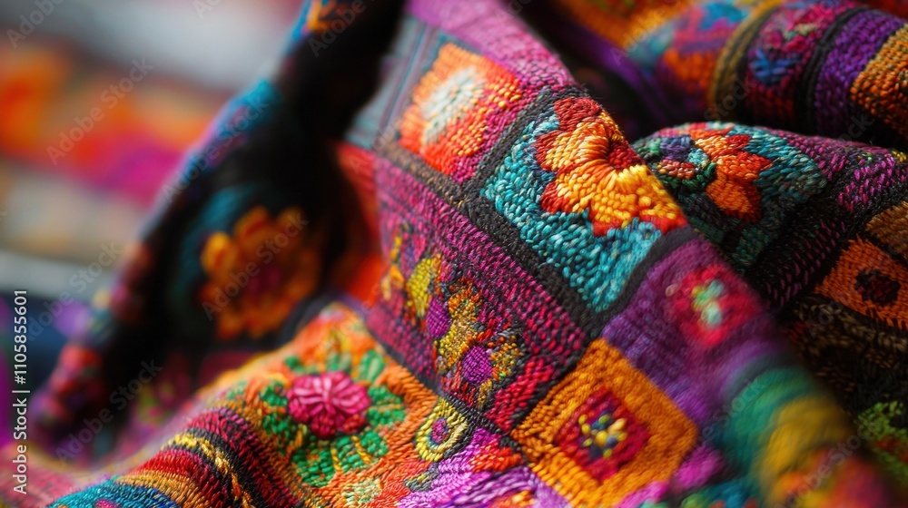 Poster close up of traditional handmade textile techniques in use with vibrant colors and patterns