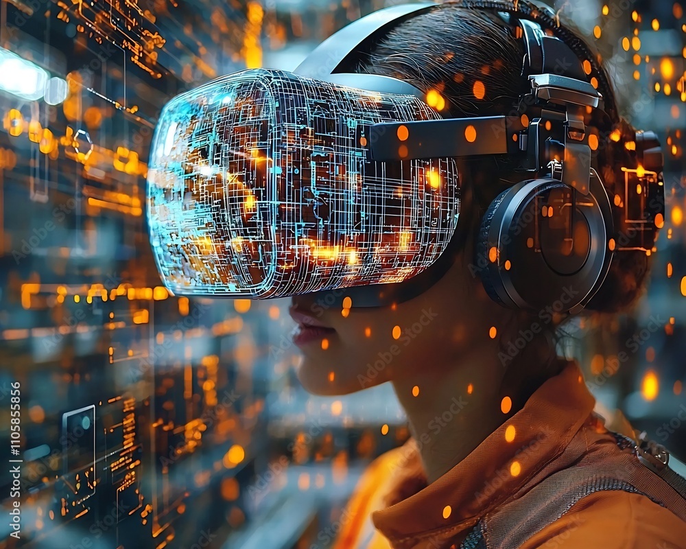 Aufkleber virtual construction worker inspecting holographic building site with real time data overlay