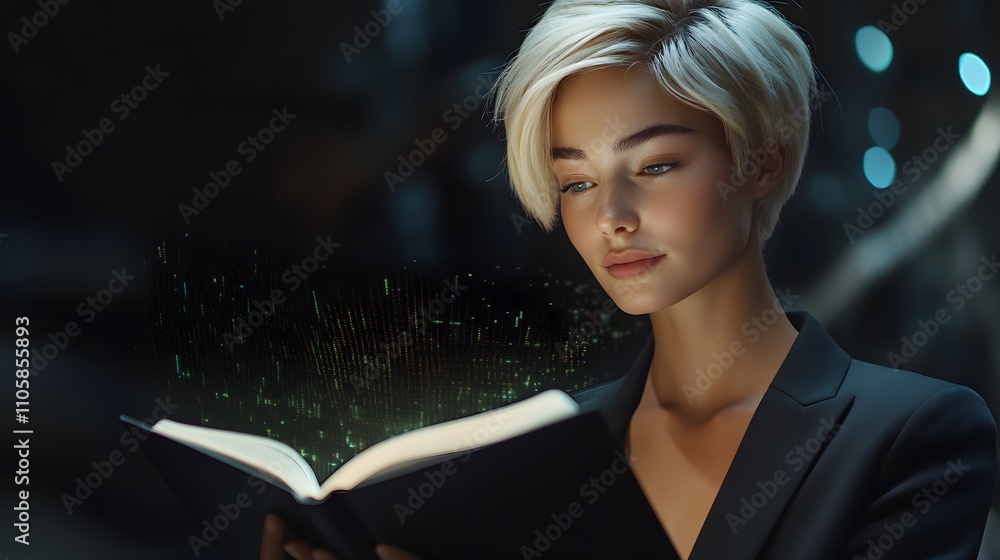 Aufkleber a woman in a sharp gray blazer leans slightly forward, holding an open booklet with glowing 3d data 