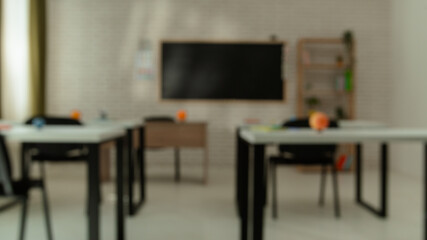 Empty school astronomy classroom with desks, chairs and chalkboard at daylight, workspace for learning teaching. Planets on student desks, full view blurred