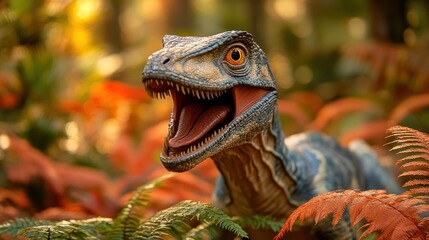 A close-up of a velociraptor in a lush forest setting, its mouth open in a roar.