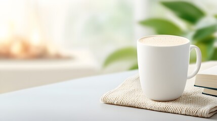 Warm milk in a cozy living room, placed on a side table with a book and glowing fireplace nearby