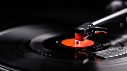 Close-up of a vinyl record spinning on a turntable, capturing the nostalgic essence of classic...