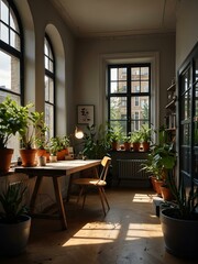 Fototapeta premium Creative workspace with open windows and plants.