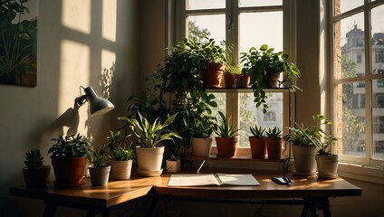 Fototapeta premium Creative workspace with plants, sunlight, and a calm atmosphere.