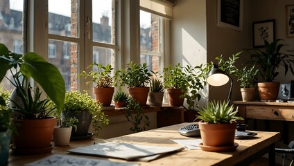 Fototapeta premium Creative workspace with plants, sunlight, and a calm atmosphere.