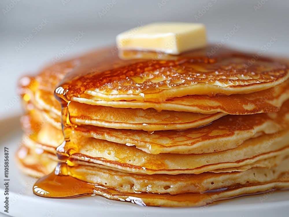Poster a stack of golden pancakes dripping with maple syrup and topped with a pat of butter standing out ag
