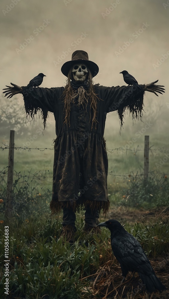 Poster creepy scarecrow in a foggy field with crows.