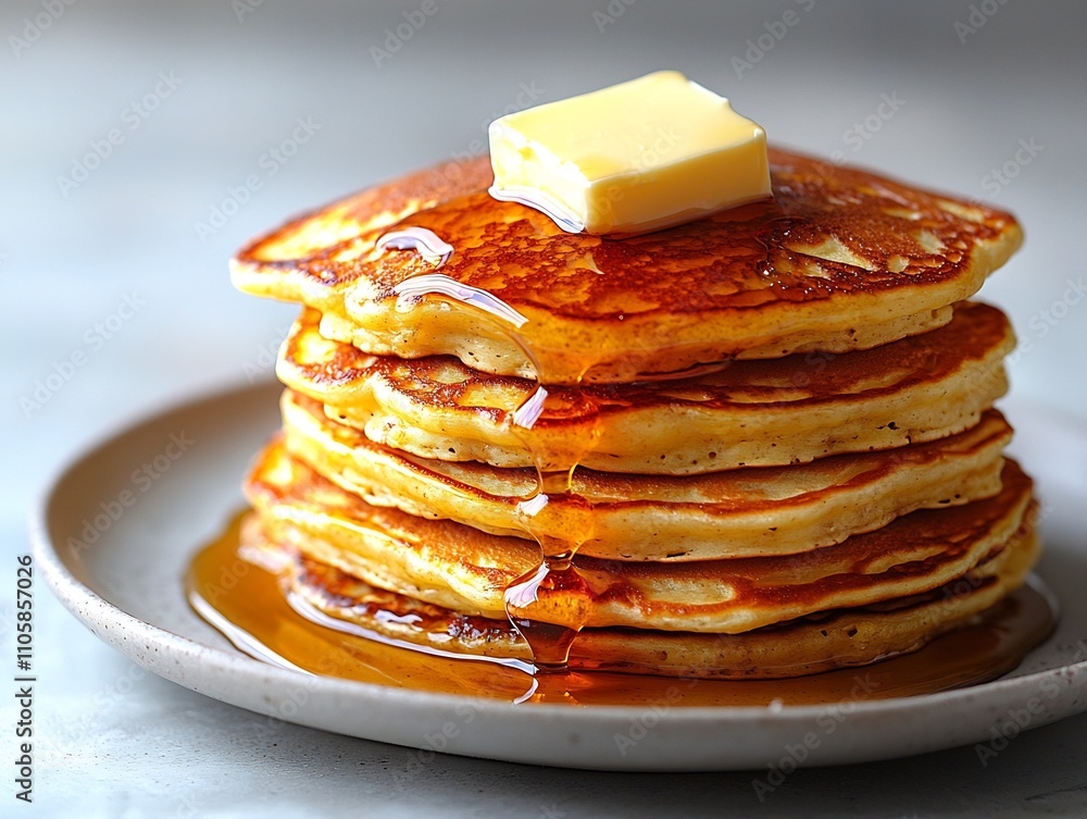 Poster decadent pancake stack dripping in maple syrup and butter on white background