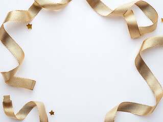 Festive gold curly ribbon frame on white background