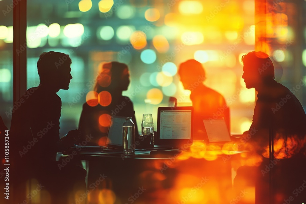 Poster four business people having a meeting at night with laptops using computers and discussing work