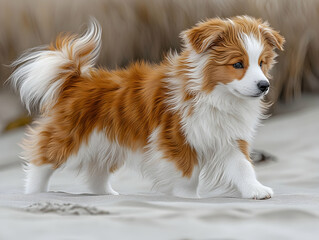 Adorable red and white Border Collie puppy walking on sandy beach.