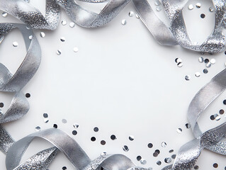 Festive silver curly ribbon frame on white background