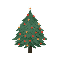 Illustration de sapin de Noël aquarelle avec boules rouges et oranges, étoile et fond transparent