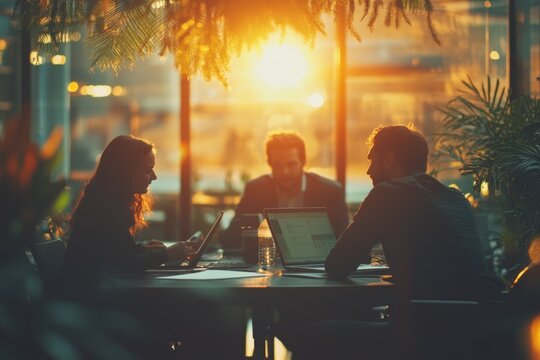 Business team working with laptops in cafe during sunset