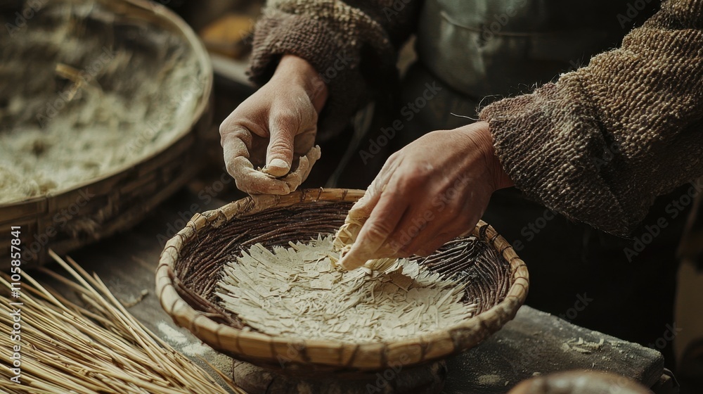 Poster artisan craftsman using organic materials to create handmade products in workshop setting