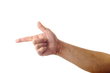 Adult male hand showing pointing shooting gesture isolated on white