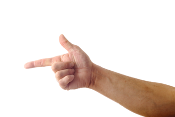 Adult male hand showing pointing shooting gesture isolated on white