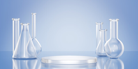 3d render lab equipment and glass podium. Clear laboratory glassware set for scientific experiments...
