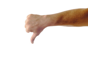 Adult male hand showing thumbs down gesture isolated on white