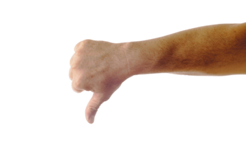 Adult male hand showing thumbs down gesture isolated on white