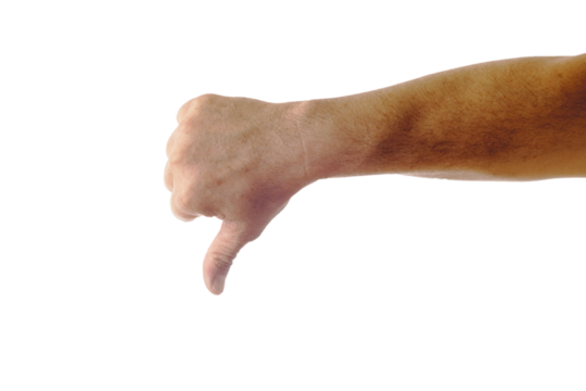 Adult male hand showing thumbs down gesture isolated on white