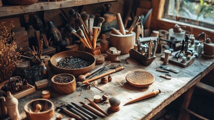 Handmade Workshop Space Filled with Creative Tools and Artisan Materials for Crafting Projects