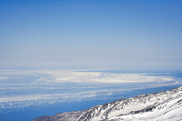 drift ice, snow covered mountains
